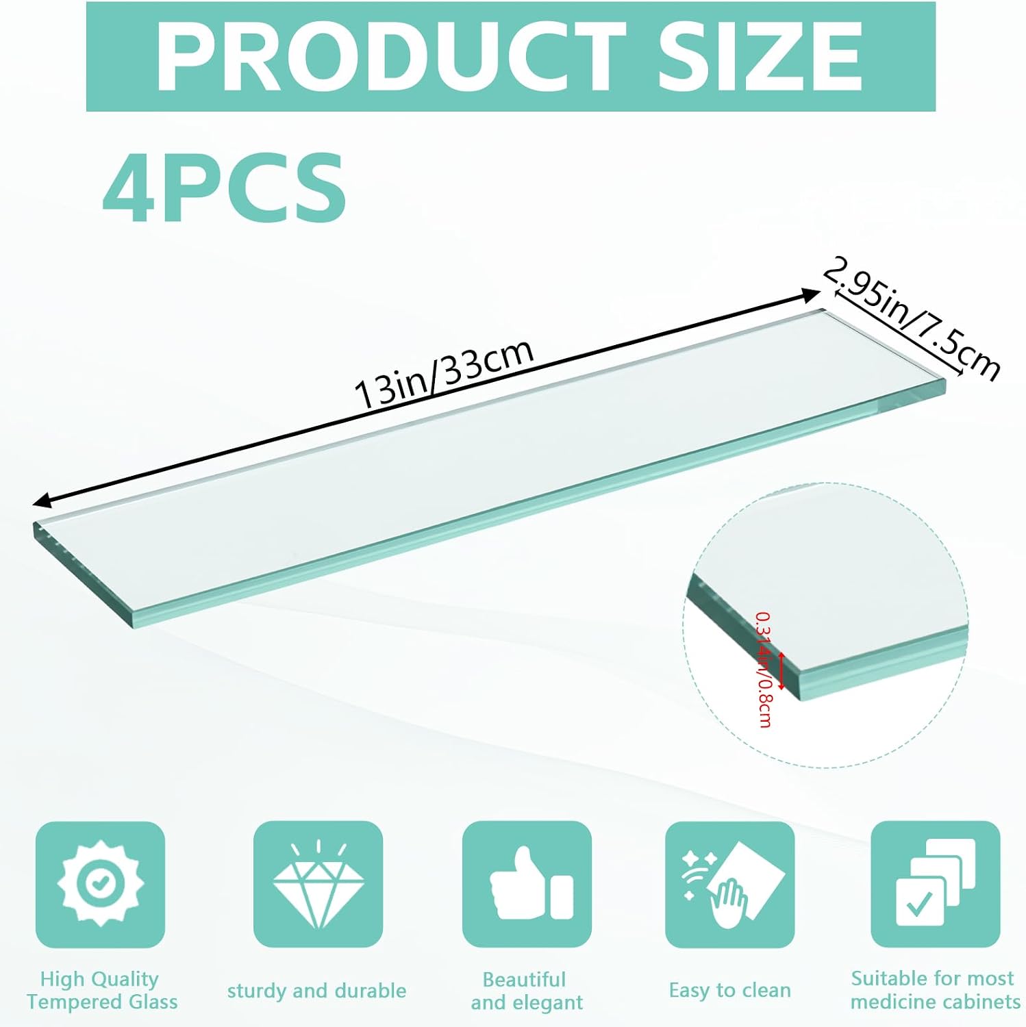 4 PCS Glass Medicine Cabinet Shelves Replacement, Thcik Glass 13 Inch Bathroom Cabinet Shelf Replacement, Medicine Shelves Suitable for Living Room Bathroom Kitchen Wall Mounted and Hanging Cabinets
