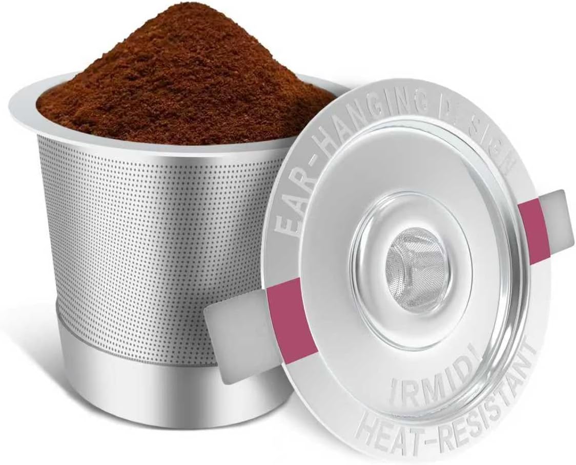 Irmidi Reusable K Cups with Heat Resistant Handles Design, Stainless Steel Reusable Coffee Pods Campatible with Keurig 1.0 and 2.0 Single Serve Coffee Makers (1Pack)