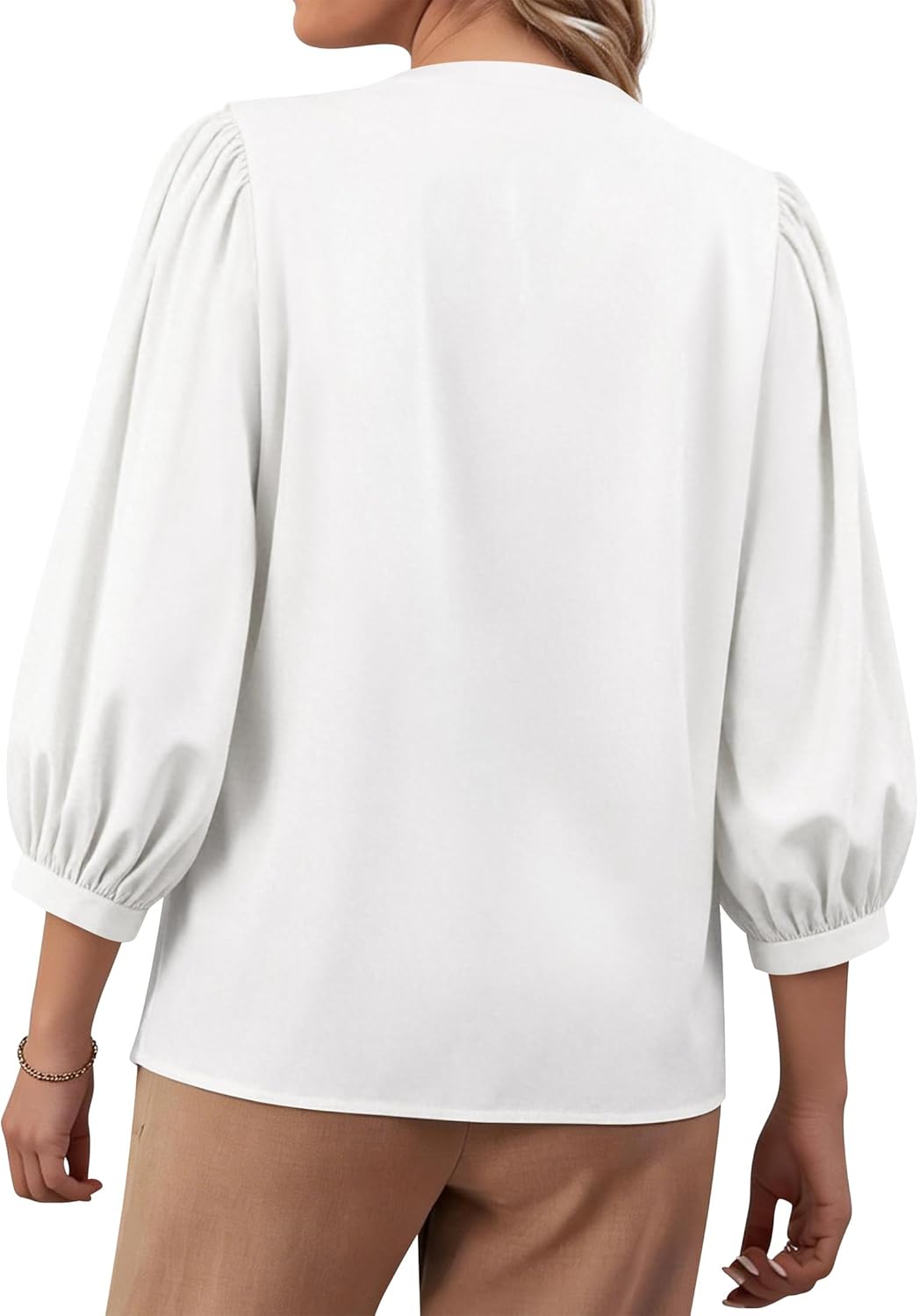 Womens Boho Ruffle V-Neck Blouse 3/4 Puff Sleeve Button Down Tops Business Casual Flowy Office Shirts - Image 2