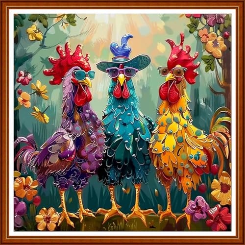 Image of Joyhoor Stamped Cross Stitch Kits for Beginners Needlepoint Kits for Adults Embroidery Kits 11CT Counted Cross Stitch Kits Printed Embroidery Pattern-Three Roosters Flower 18x18 inchs