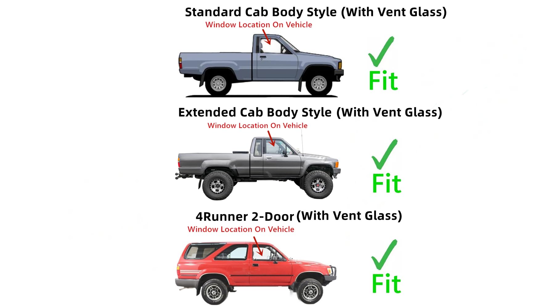 Right Rear Quarter Glass For 1989-1995 Toyota Pickup Extended Cab – Movable, Tempered Replacement 5 thumbnail image