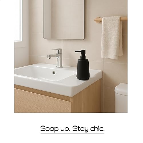Miniatura 4 de Dispensador de jabón de cerámica negro mate, dispensador recargable de encimera de baño o cocina de 13 onzas con revestimiento de goma suave al tacto