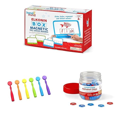 hand2mind Elkonin Boxes - Juego de 8 pizarras magnéticas de borrado en seco y varitas magnéticas para niños, varitas magnéticas (juego de 6) y chips