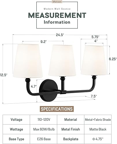 Miniatura 3 de VL837-MB-3 - Lámparas de tocador de baño, color negro mate con pantalla de tela blanca acampanada, apliques de pared modernos para pasillo y