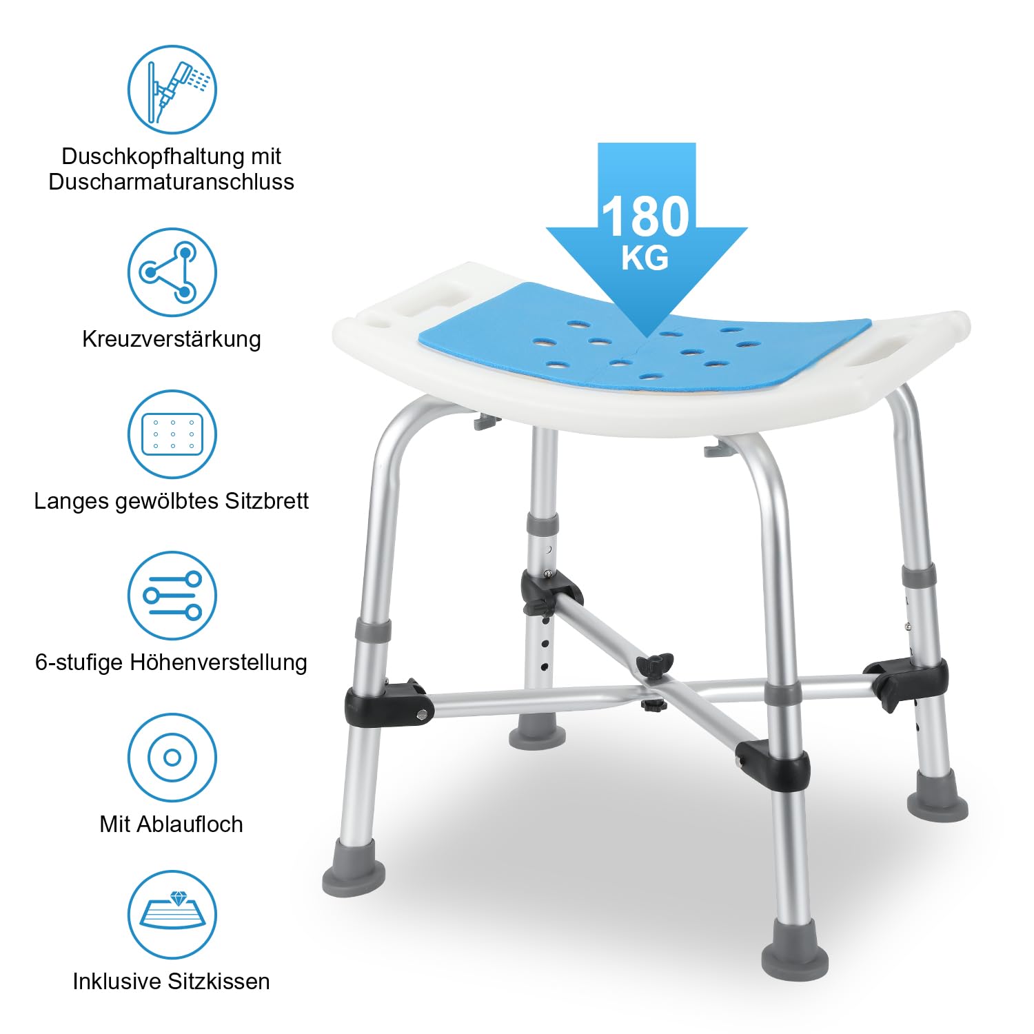 Taboret prysznicowy dla seniorów, taboret łazienkowy z regulacją wysokości 38-54 cm, aluminiowy fotel łazienkowy, pomoc prysznicowa z podwójnie wzmocnionymi belkami poprzecznymi i poduszkami,