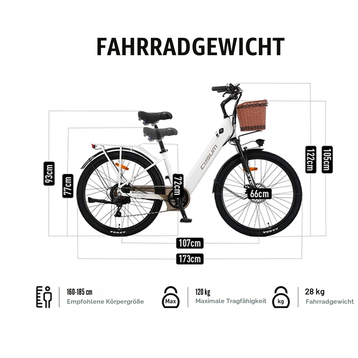 cysum X-City Elektrofahrrad für Erwachsene, 26 Zoll City Elektrofahrrad Damen Herren Lithium-Akku 48V 10,4Ah Motor 250W 25km/h Urban Switing
