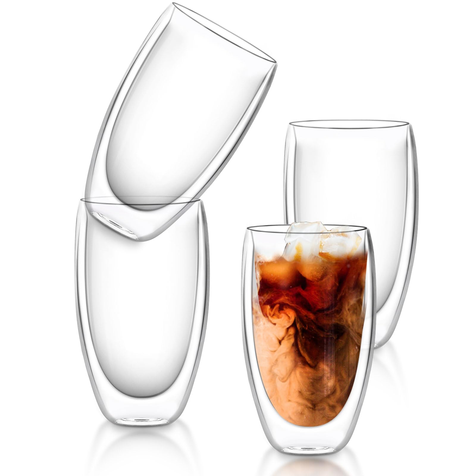 4x450ml Double Walled Glass Mugs, Heat Resistant Coffee Cup, Reusable Latte Glasses Cappuccino Cups Tea Cup
