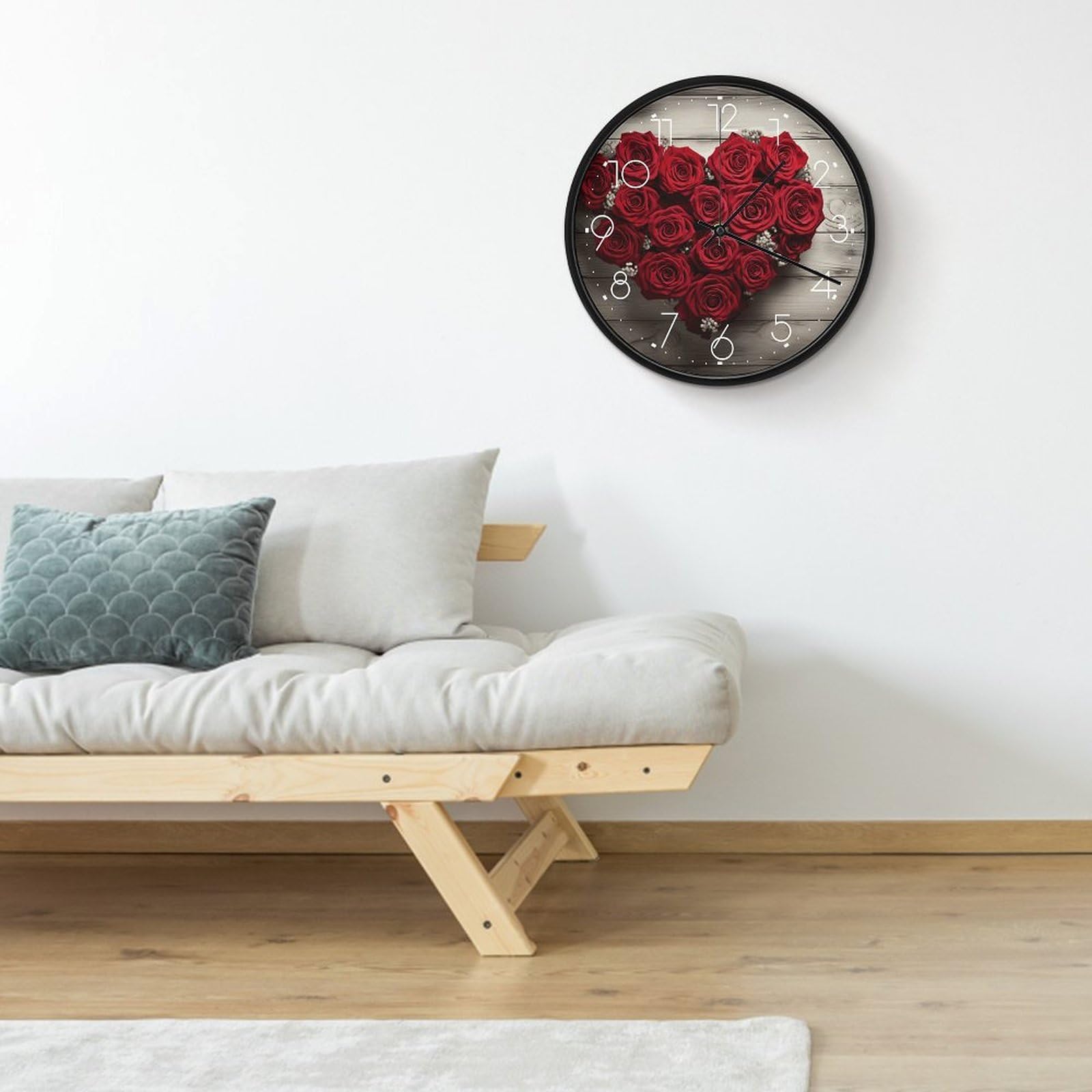 Orologio da parete con rose rosse a forma di cuore, silenzioso, senza ticchettio, orologio moderno a batteria, rotondo, analogico, classico, per camera da letto, cucina, ufficio