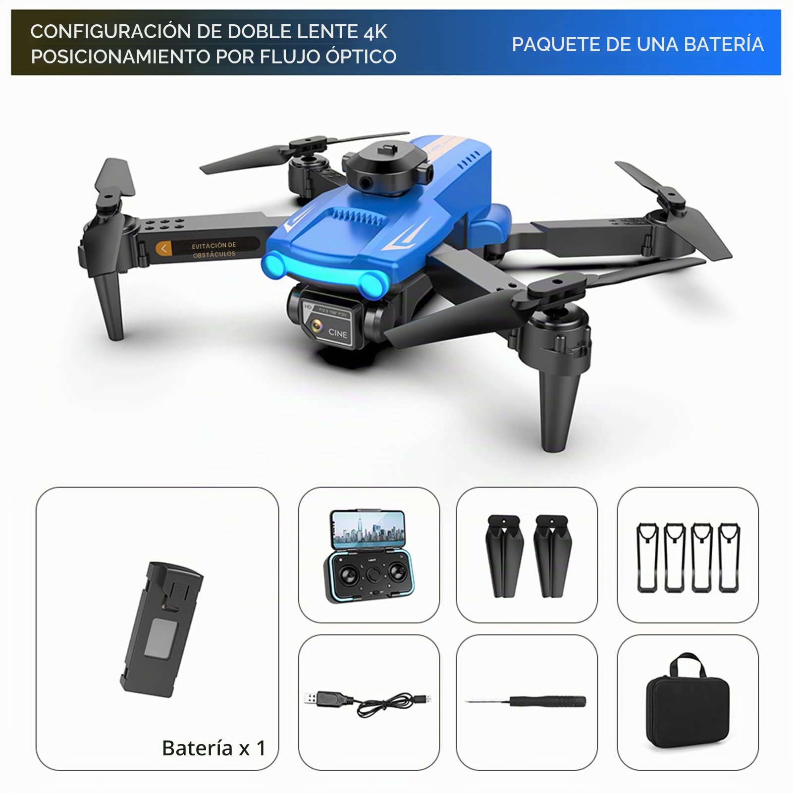 Goolsky Drones con Camara 4K WIFI Daul LSRC XT2 2.4G Detección de Obstáculos, Giroscopio de 6 Ejes, que Mantiene la Altitud, Fotografía con Gestos,Azul