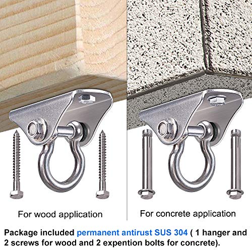 Benelabel Permanent Antirust Stainless Steel Heavy Duty Swing Hanger, 1000 Lb Capacity, 2 Screws For Wooden And 2 Expansion Bolts For Concrete, Yoga Hammock Chair Sandbag Swing Sets, 180° Swing #TOP4