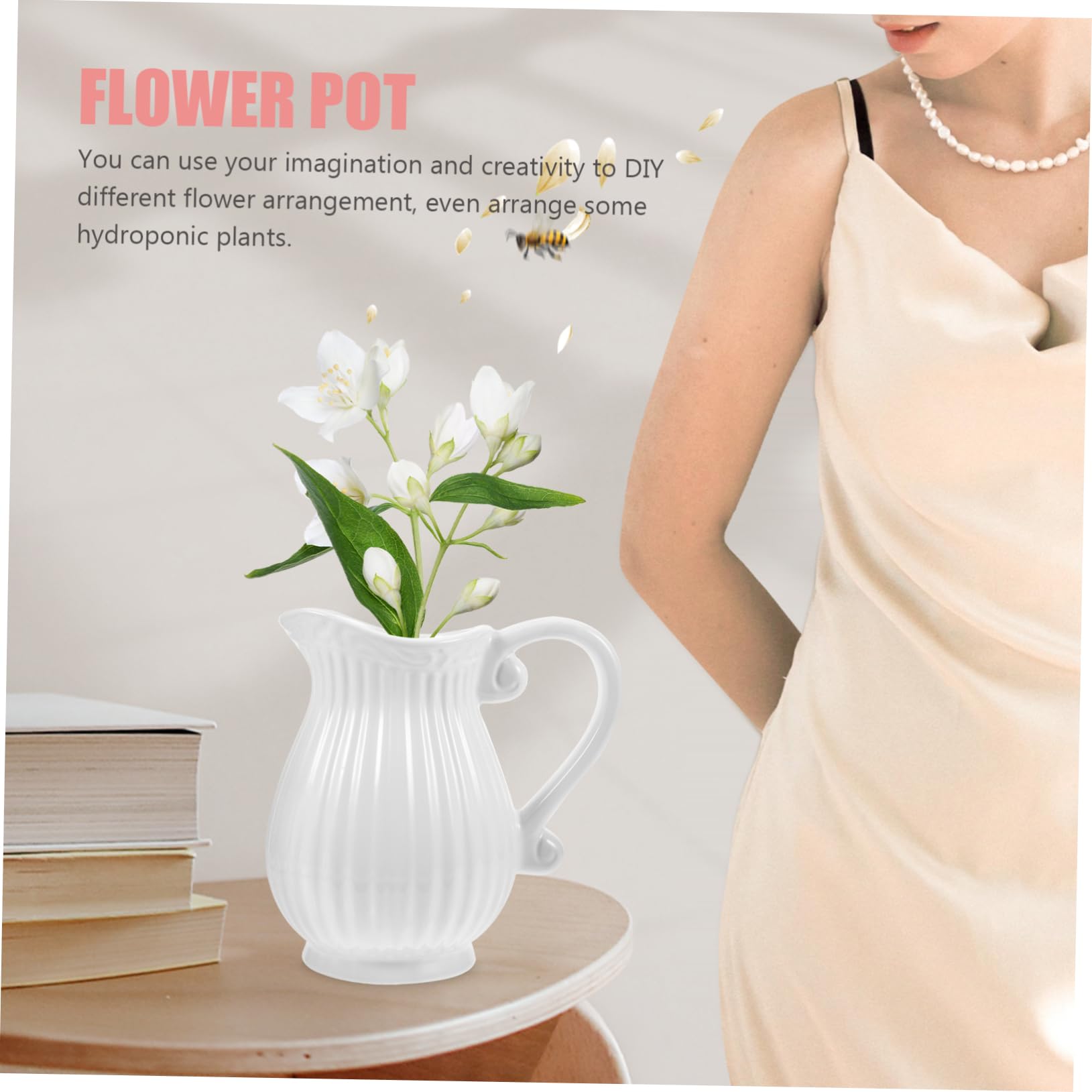 Vase Pichet en Céramique Blanche Style Ferme, Décoratif | Forme Pichet Européenne, pour Fleurs et Plantes Hydroponiques, Boutique de Fleur ou Maison