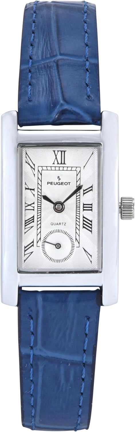 Peugeot Women Contour Tank Shape Case Watch with Roman Numerals, Remote Sweep & Genuine Leather Band
