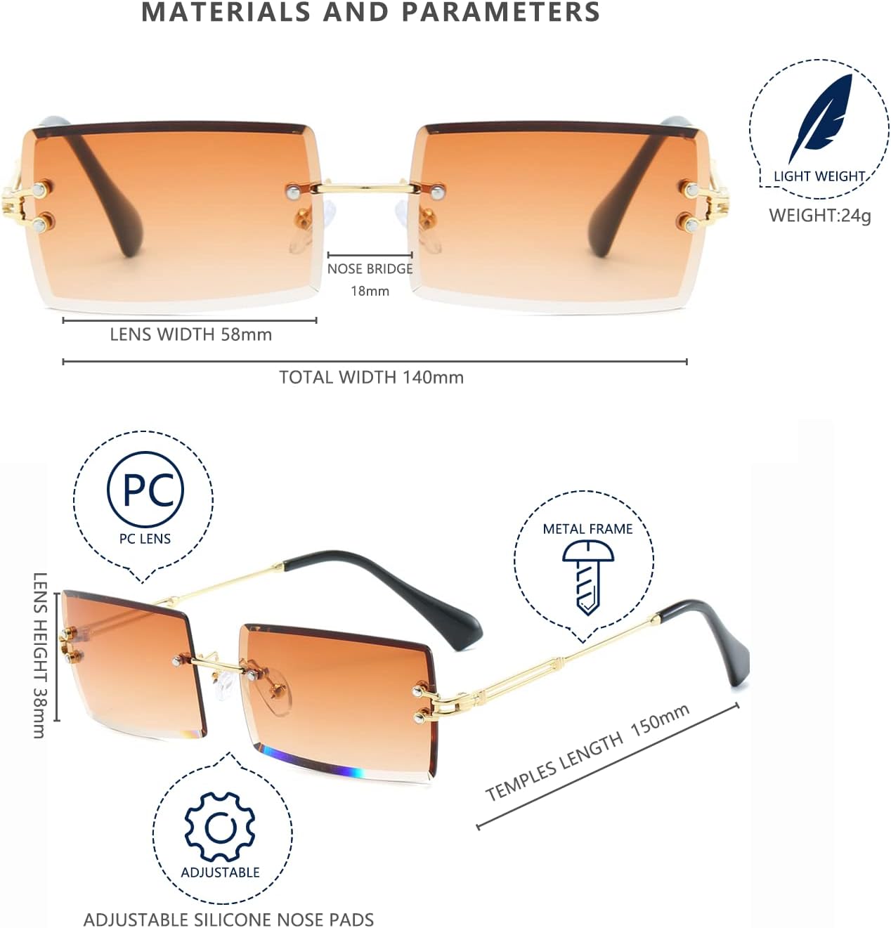 LASPOR Retro Rimless Rectangle Sunglasses for Women Men Tinted Lens Gold Metal Frameless Vintage Square Glasses - Image 5