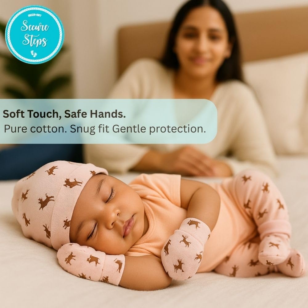 Secure Steps New Born Baby Girl Cap Mittens & Booties Set – Pack of 2 | 100% Cotton Essentials for Infants 0-6 Months | Soft Caps Hand Gloves & Booties Combo for Gifting - Image 2 thumbnail