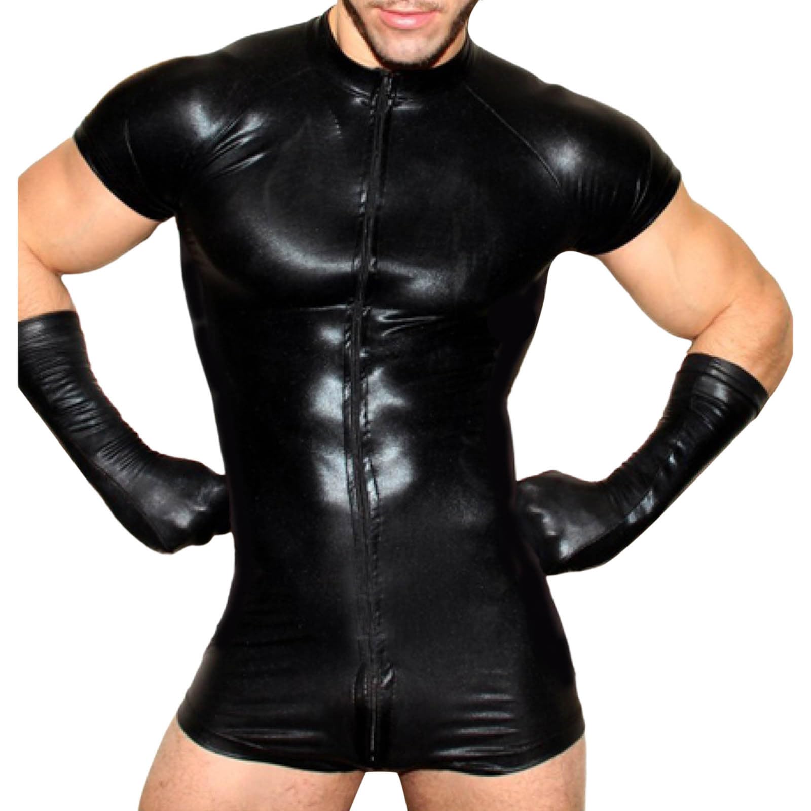 Mono brillante para hombre de cuero negro, traje de gato de cuerpo completo para hombres, sexy, látex, con cremallera, mono de goma, traje de leotardo