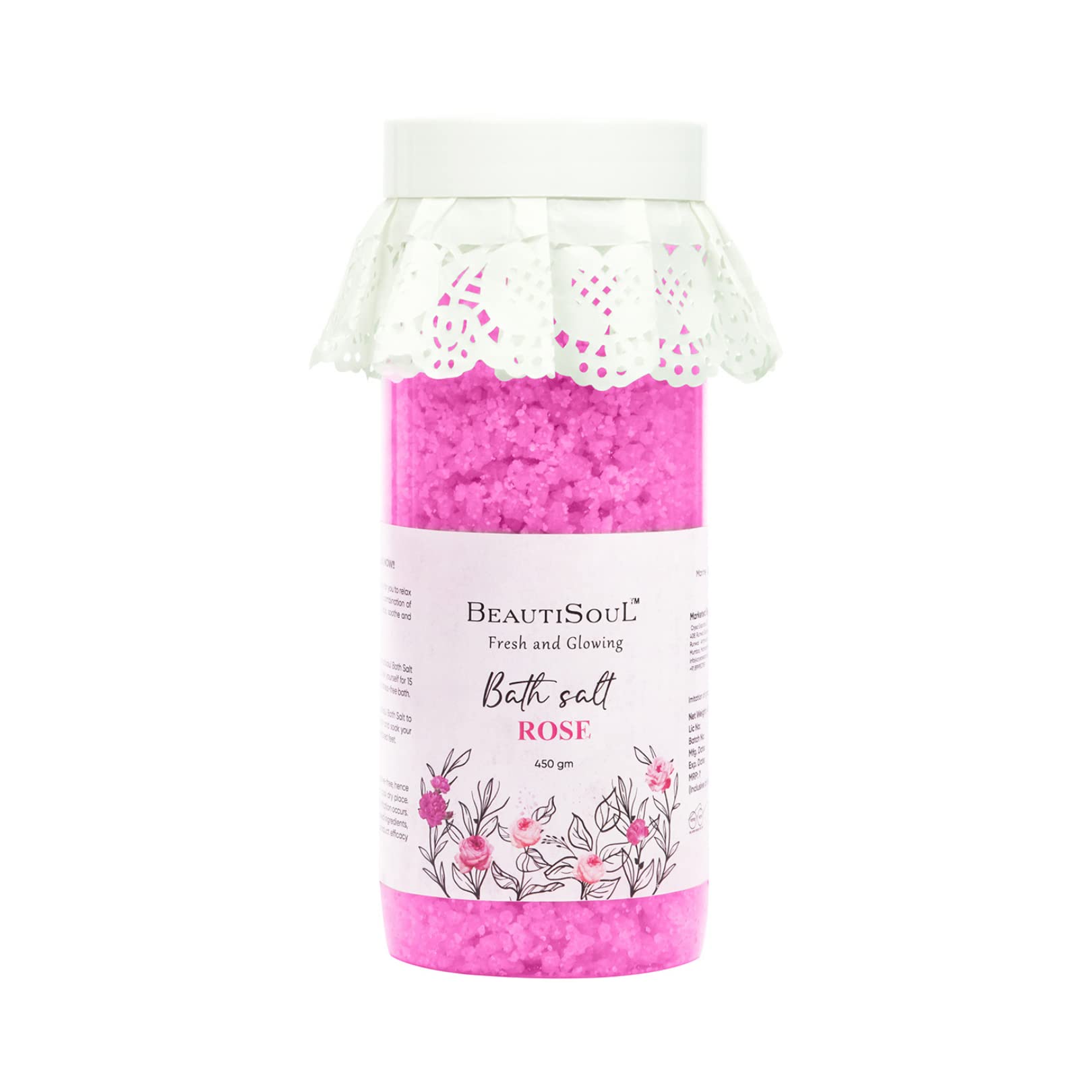 Beautisoul Rose Bath Salt and Foot Soak | Epsom salt with the goodness of therapeutic Rose Oil | Bath Salt for Good Sleep, Aching Muscles, Stress relief, Detoxify & Refreshing feet | Valentines day gift for Wife - 450 g