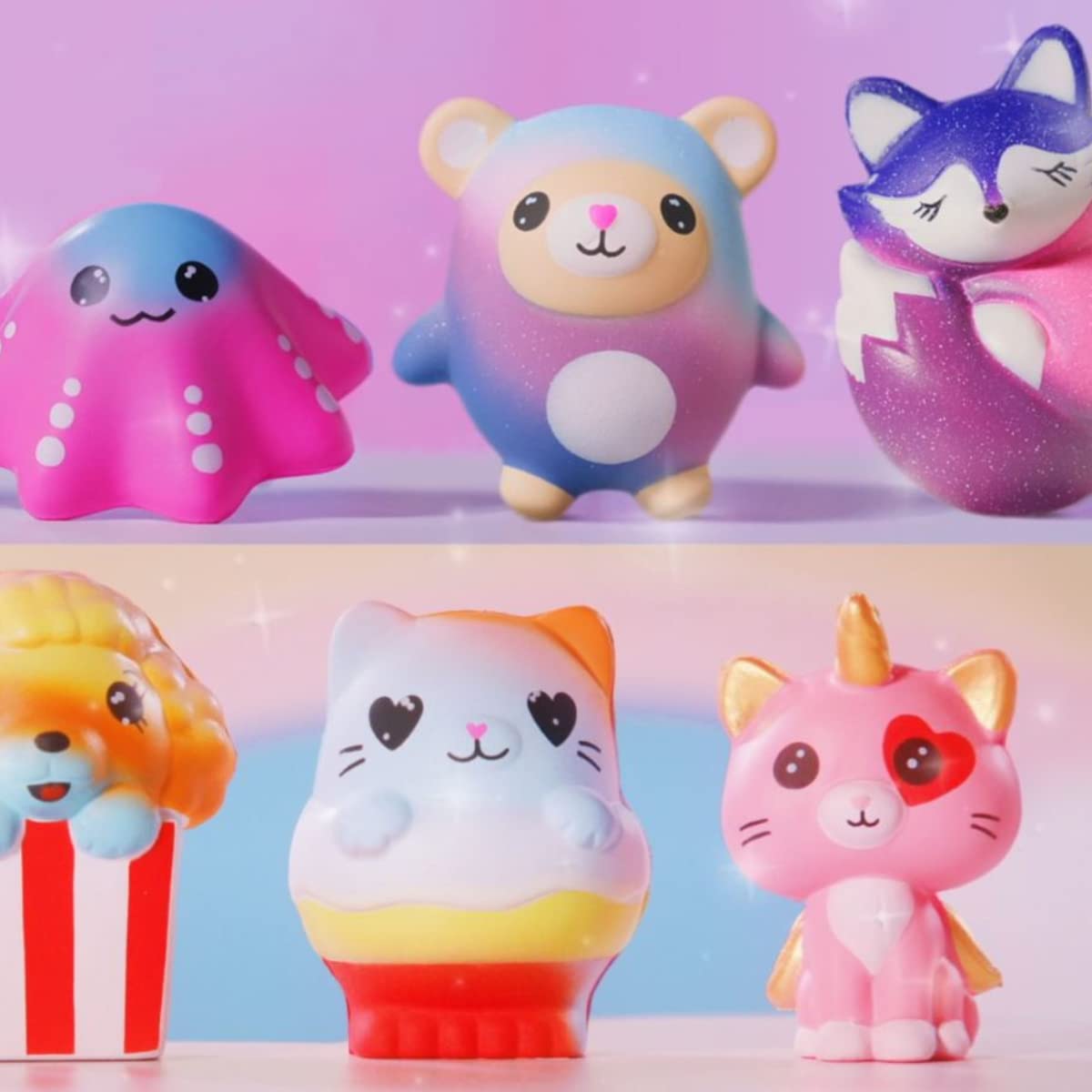 Sbabam, Doki Doki Squishy Galaxy and Rainbow, gry dla dzieci z kioskiem, zabawki Squishy, małe miękkie gumowe lalki, zestaw 3 saszetek, pomysły na prezenty dla dzieci, od 3 lat