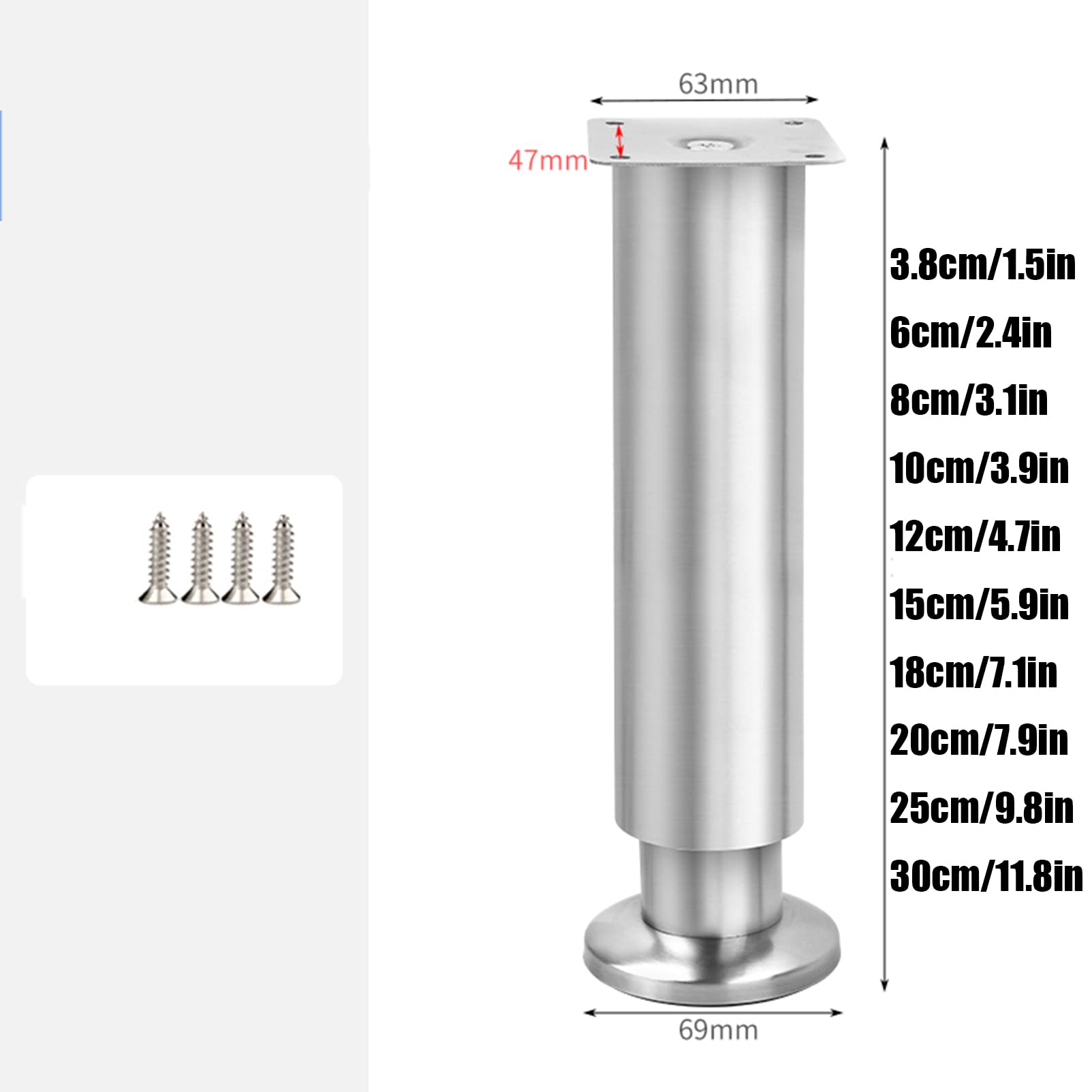 Patas para Muebles de Acero Inoxidable Patas para Muebles Altura Regulables,Patas para Mesa Patas para Muebles Sofá Mesa Estantes,con Tornillos 4 Piezas (30cm/11.8in)