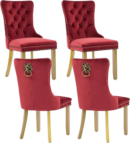 Miniatura 63 de Juego de 4 sillas de comedor de terciopelo beige, sillas tapizadas modernas para comedor con respaldo capitoné y acentos de madera, patas curvas de