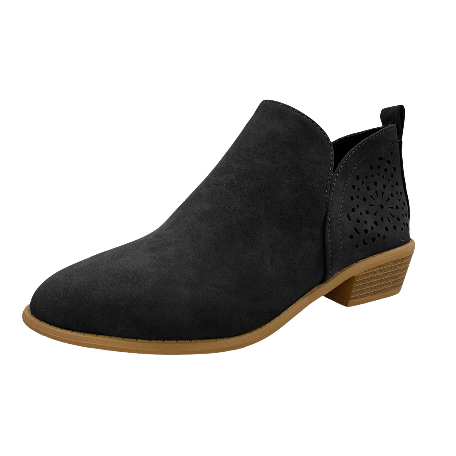 Ankle Booties for Women Low Heel V Cut Out Slip On Short Boots Chunky Stacked Heel Pointed Toe