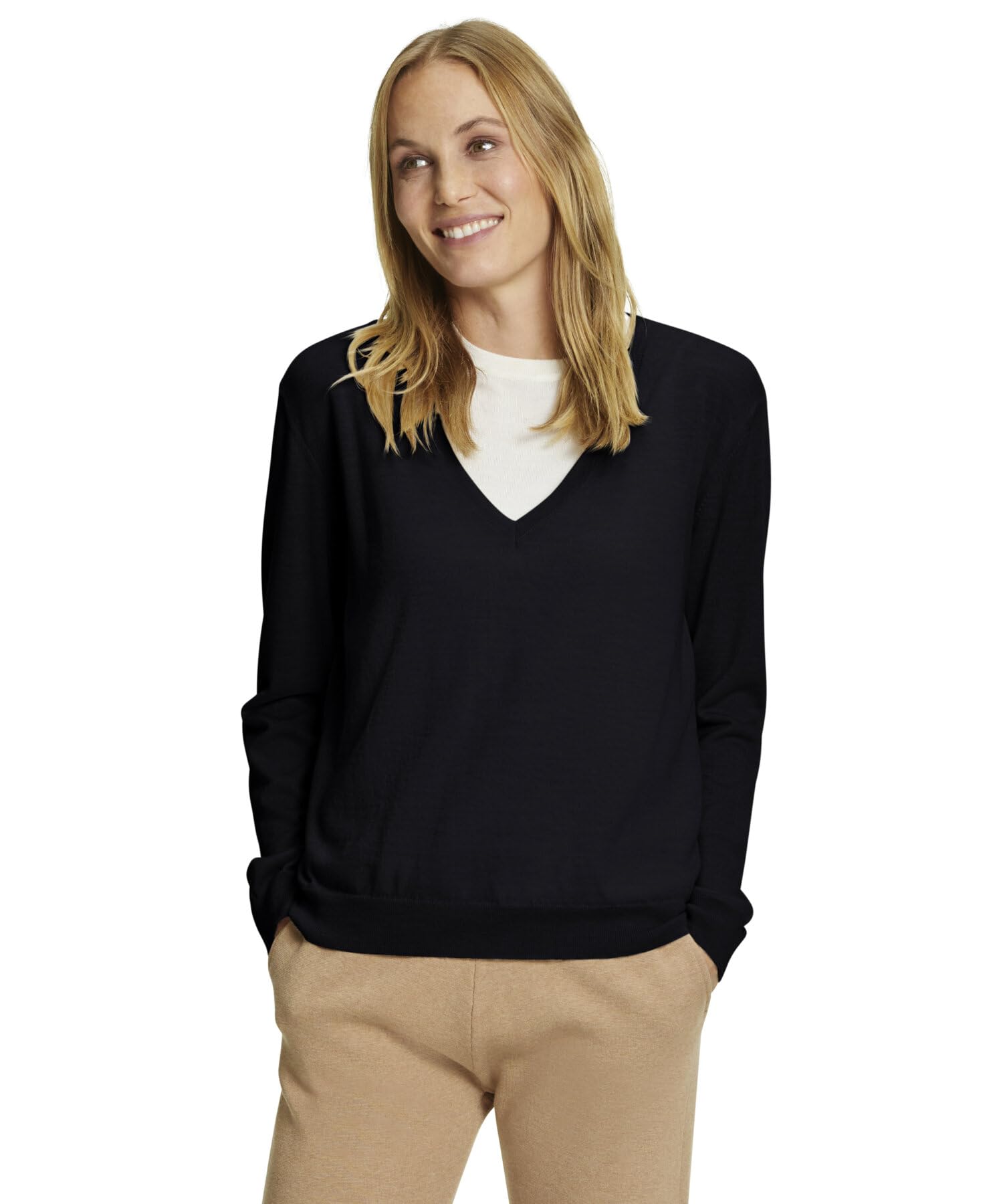 FALKE Mujer Basic New Merino V-Neck suéter pulóver Elegante clásico para el Trabajo y el Tiempo Libre con Cuello en v Transpirable regulación climática antiolor Lana 1 Pieza