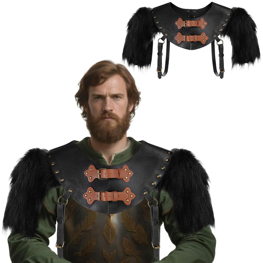Medieval Knight Shoulder Armor Shawl PU Leather Faux Fur Viking Warrior Collar Shawl Wrap Chest Harness Cloak Furry Gladiator Shoulder Pauldron Armor Halloween Cosplay Party Fancy Dress Arm Guard Cape