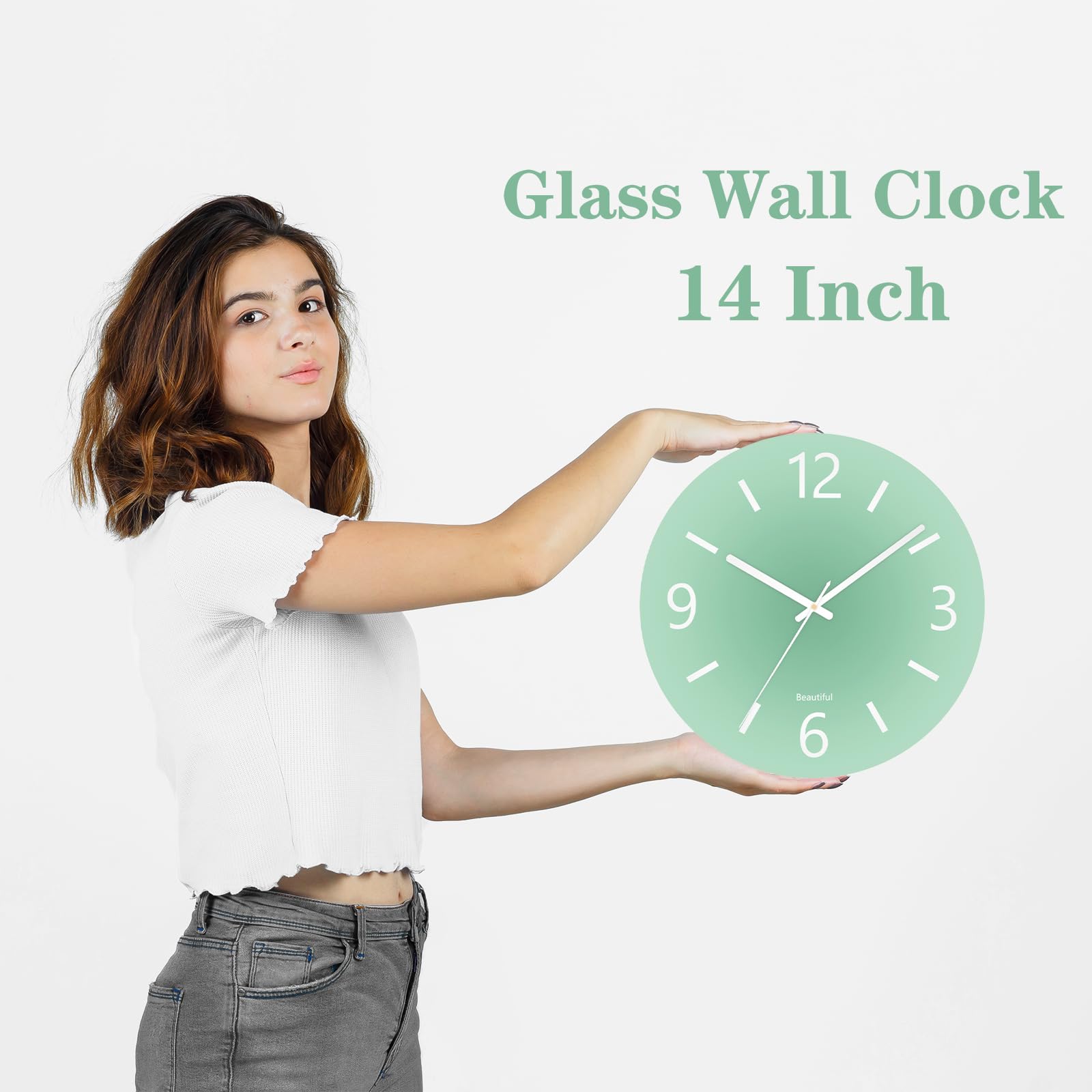Grande horloge murale moderne pour extérieur, 35,6 cm, ronde à piles, horloge décorative de style simple pour bureau, cuisine, chambre, salon, vert