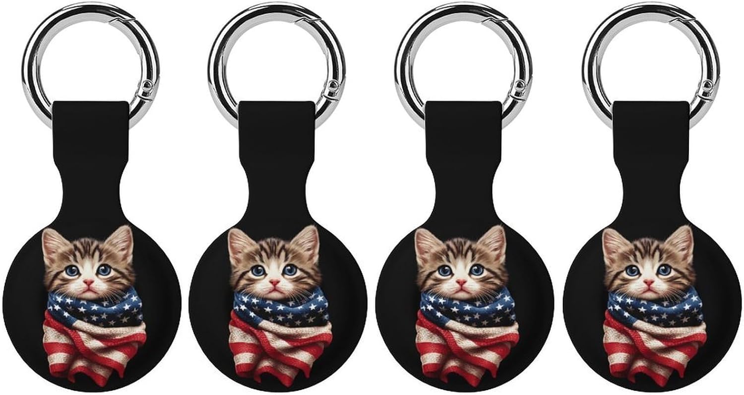 U.S.A. Flag Cat Funny Cover Compatible with AirTag Case Protector GPS Tracker Holder with Keychain