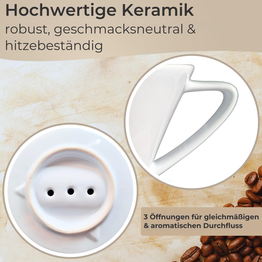 Porzellan Kaffeefilterhalter Größe 4 – hochwertig - Handfilter in Weiß, Kaffeekanne, Dauer Pour Over für 1–4 Tassen, für aromatischen Filterkaffee, passend für Melitta Kaffeefilter Gr. 4