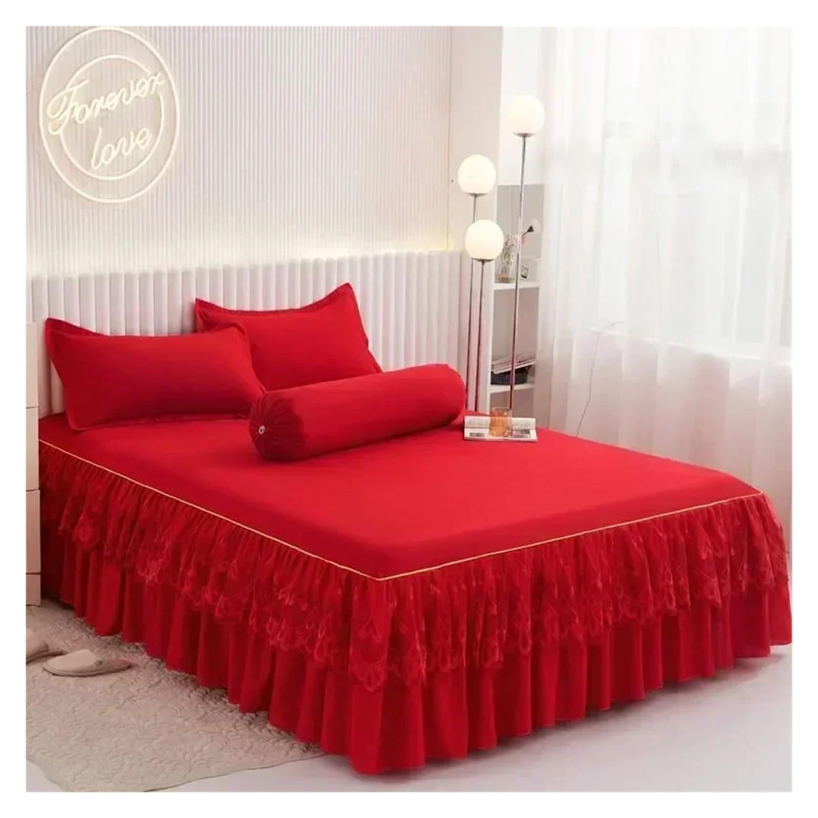 Ruffle Lace Skirt Bedspread Home Textile Solid Bed Skirt Bedroom Coverlets Bedspreads Sheets Cover Bedding(Red,Queen)