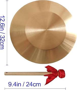 Diameter 12.6 inch(32cm) Gong Instrument,Chinese Traditional,copper alloy | Percussion Instrument with Wooden Mallet and Red Hanging Ribbon for Home,Office,Celebration,Party & Festivals