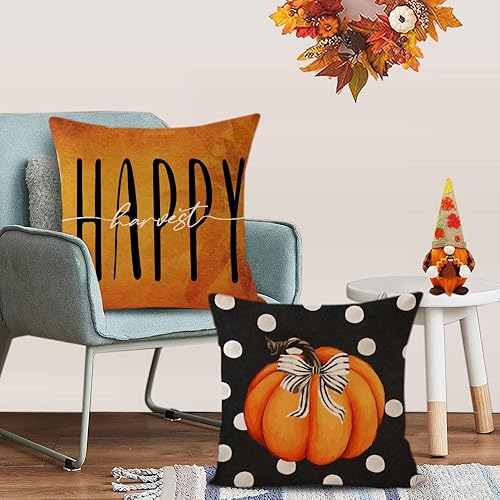 Miniatura 4 de YeeJu Juego de 4 fundas de almohada de otoño de 12 x 12 pulgadas, fundas de almohada de calabaza de Acción de Gracias, color naranja y negro, fundas