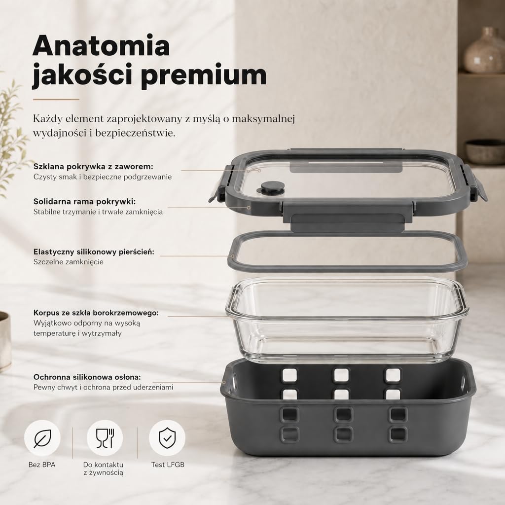 Zestaw Pojemników Meal Prep 3x1520ml – Szkło borokrzemowe, szczelne, piętrowe, mikrofalówka z zaworem parowym, silikonowa powłoka antyuderzeniowa