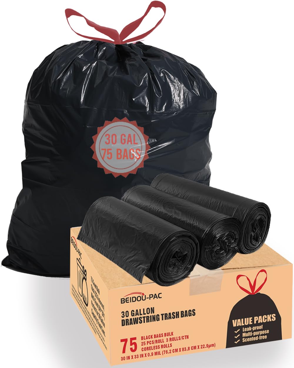 BEIDOU-PAC Bolsas de basura de 30 galones con cordón, 75 unidades a granel, negras y sin perfume, bolsas de basura multiusos para negocios, hogar, cocina, comercial e industrial