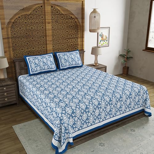 Image of BLOCKS OF INDIA Hand Block Printed 300 TC Cotton Super King Size Bedsheet(106 x 106) (Multi 17)