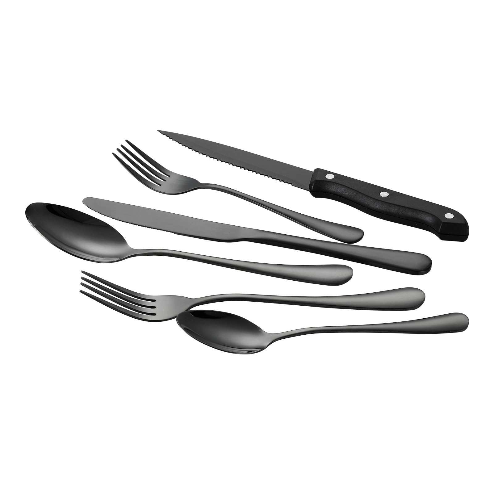VEVOR Juego de Cubiertos Negros de 48 Piezas con Cuchillos para Carne, Acero Inoxidable de Grado Alimenticio para 8 Personas, con Acabado de Espejo, Vajilla Apta para Lavavajillas para la Cocina