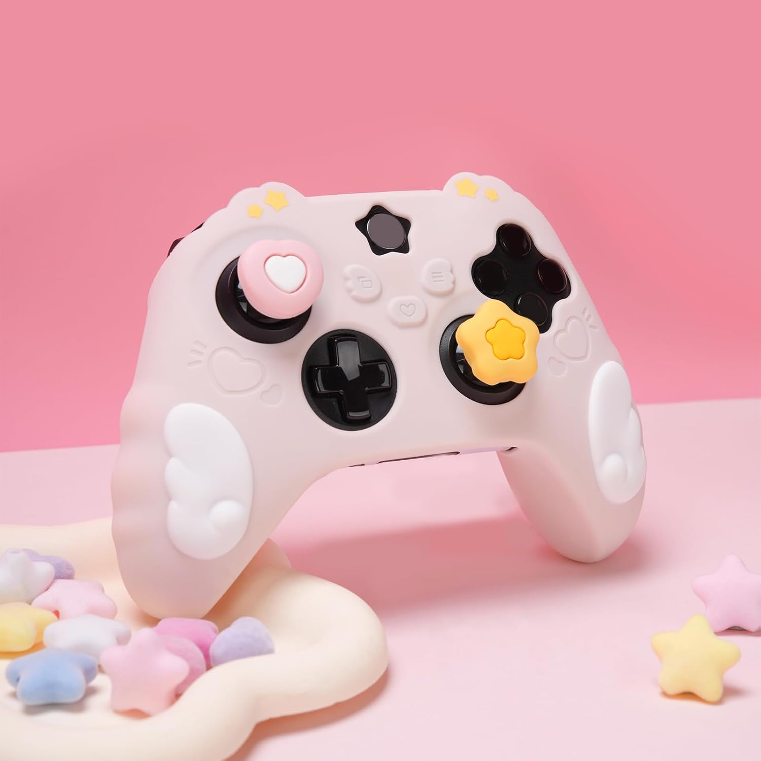 GeekShare Controller Skin Set Compatible with Xbox Series X, Soft Silicone Protective Cover with 2 Thumb Grip Caps and 2 Stickers - Star Wings Series (Pink) - Image 7