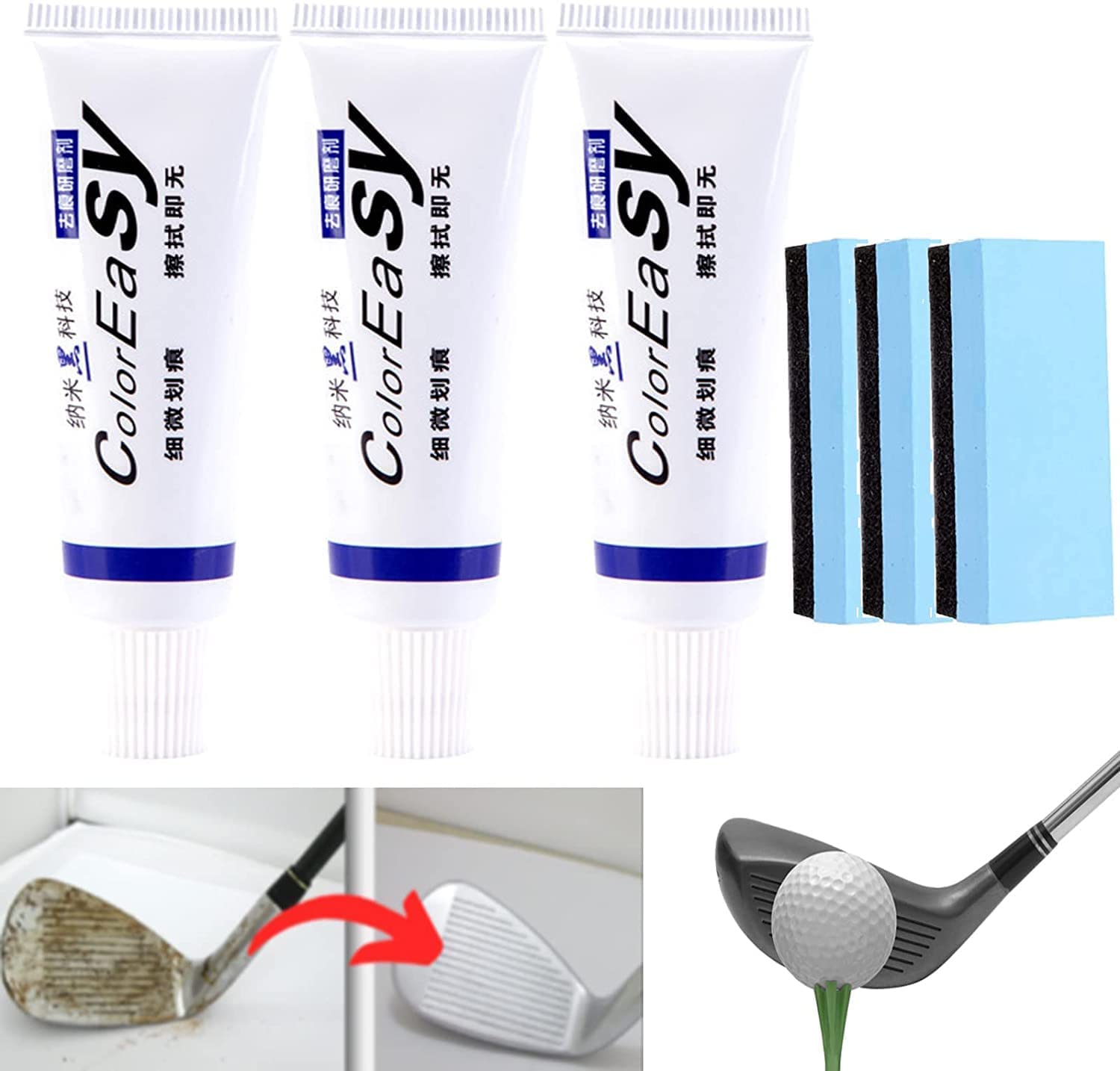 Rimozione istantanea del graffio della mazza da golf, rimuove efficacemente i graffi da mazze da golf, detergente per mazze da golf, detergente per mazze da golf con spugna (3 pezzi)