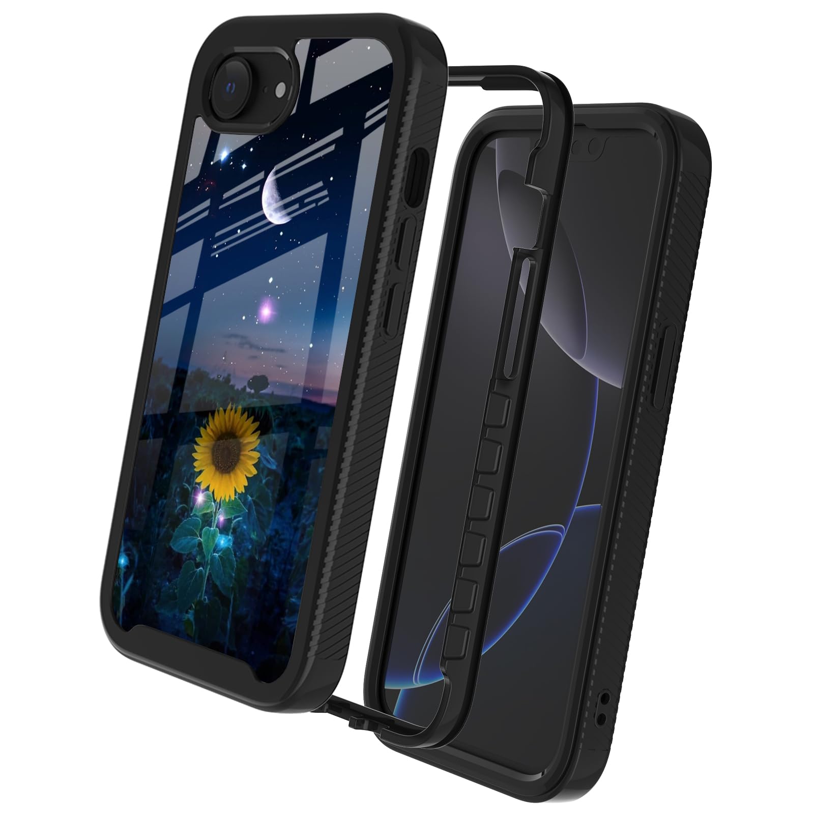 Photo 1 of GUGU6JI Sunflower Starry Sky Night Moon Crescent Design Compatible with iPhone 16e Case for Girl Woman Luxury Shockproof Rugged Cover Dual Layer Soft TPU + Hard PC Bumper Full-Body Protective Case
