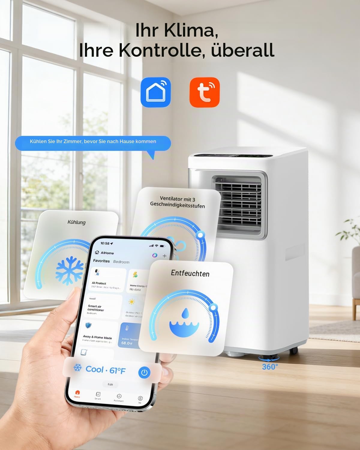 Tragbare Klimaanlage, 16.000 BTU für große Räume bis zu 750 m², 5-in-1 Smart AC-Gerät mit WiFi/Fernbedienung, schnelle Kühlung, Luftentfeuchter und
