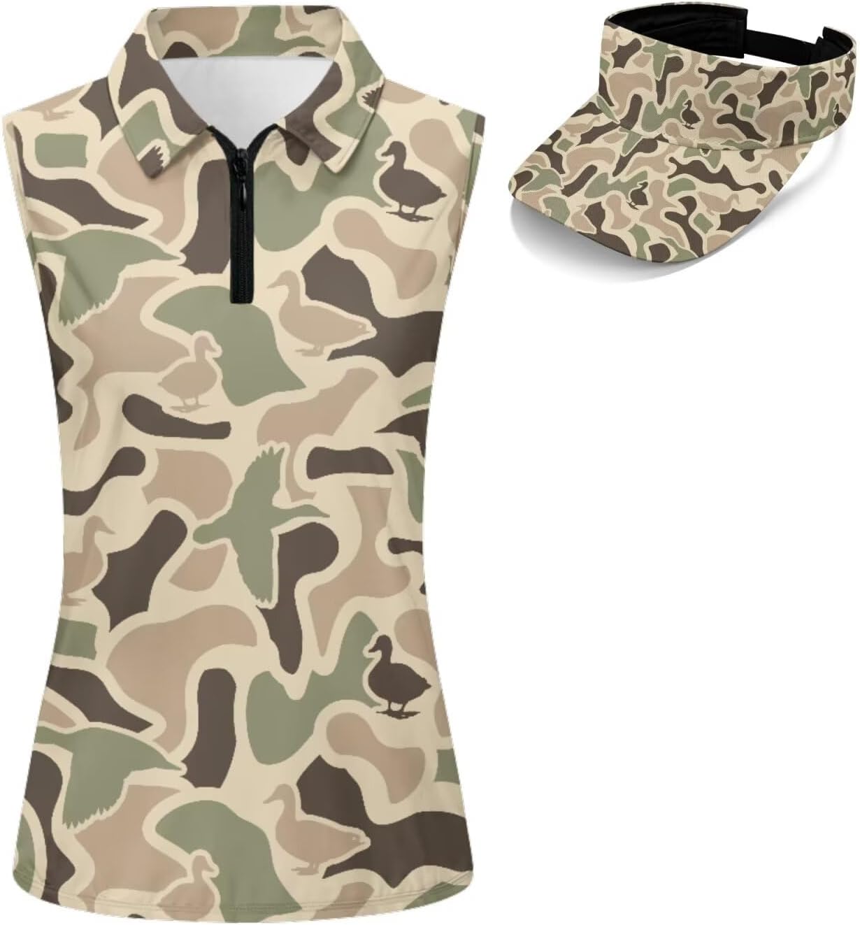 INSTANTARTS 2 Piece Women Golf Matching Outfit 1/4 Zip Up Sleeveless Shirt Tennis Tops and Stylish Empty Top Sun Visor Hat