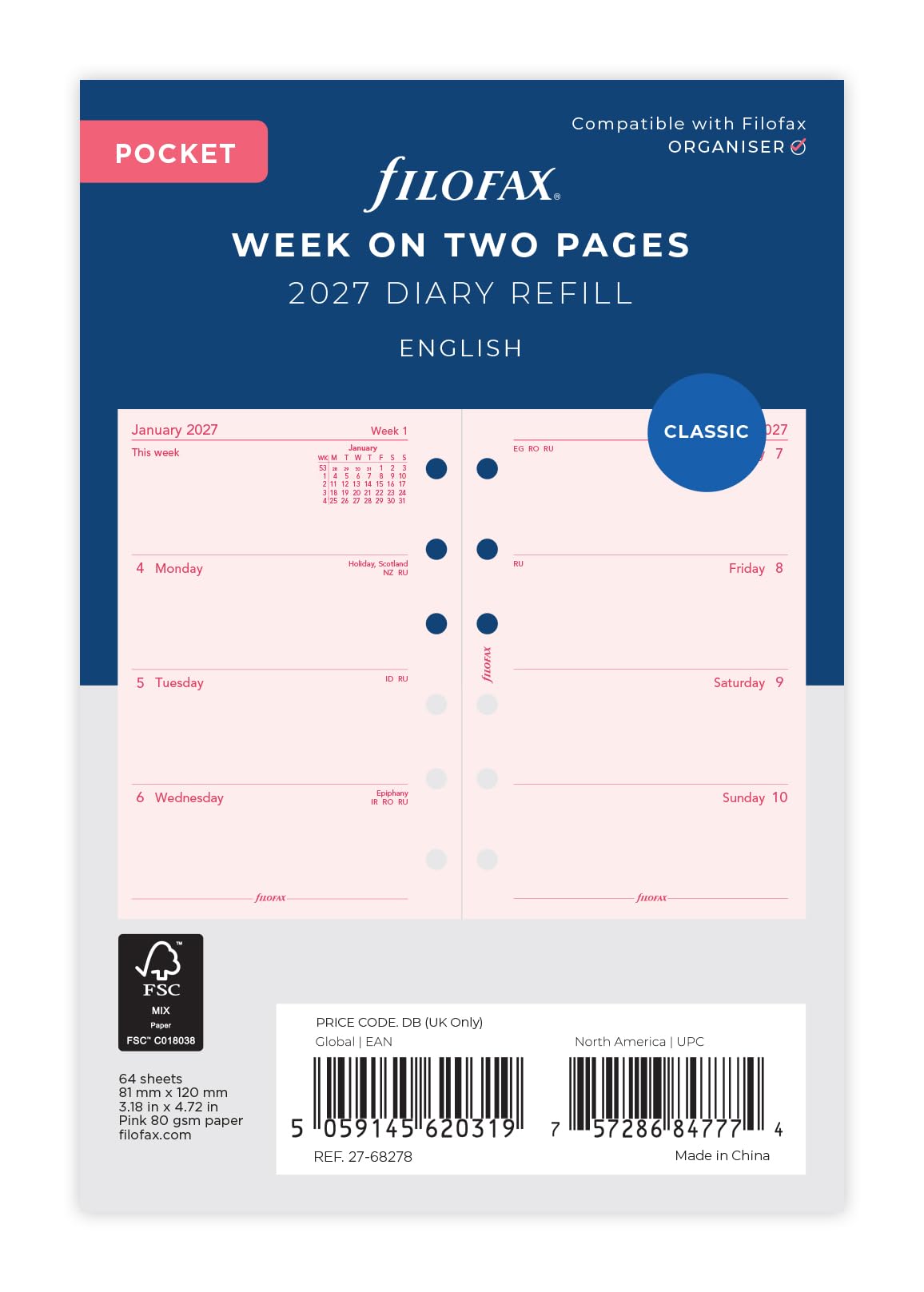 Filofax Pocket Week on two pages pink English 2027 diary 27-68278