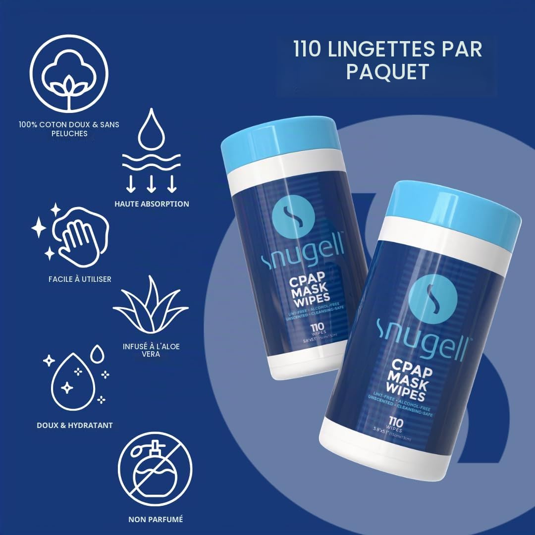 Snugell Lingettes pour masque CPAP non parfumées – 110 unités (lot de 3) – 100 % coton doux – Sans peluches et sans alcool – Formule sans danger pour la peau à l'aloe vera – Boîte facile à ouvrir