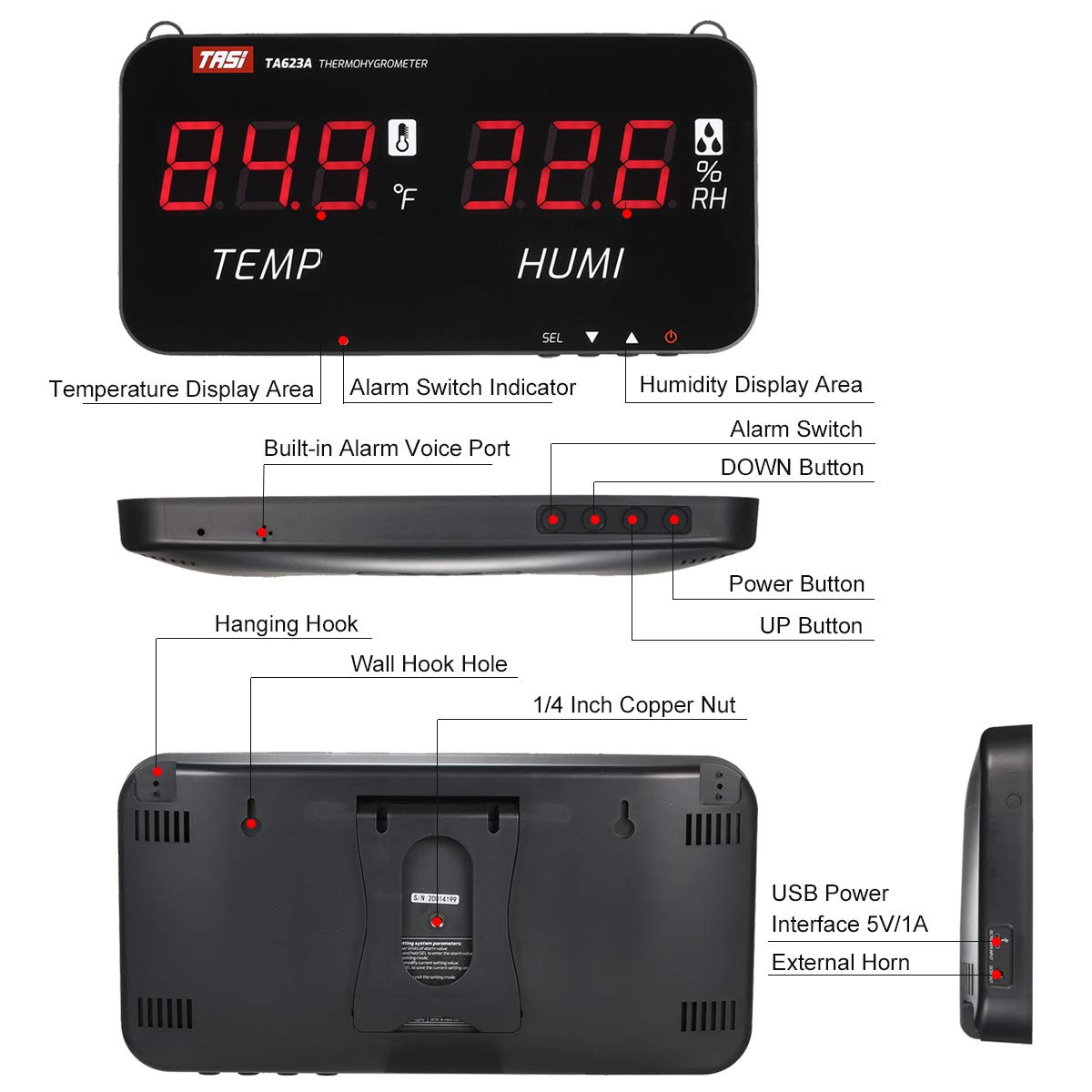 Intelligentes Temperatur-Feuchtigkeitsmessgerät, LED-Anzeige, Digitales Thermometer-Hygrometer für den Innen- und Außenbereich (Schwarz1)