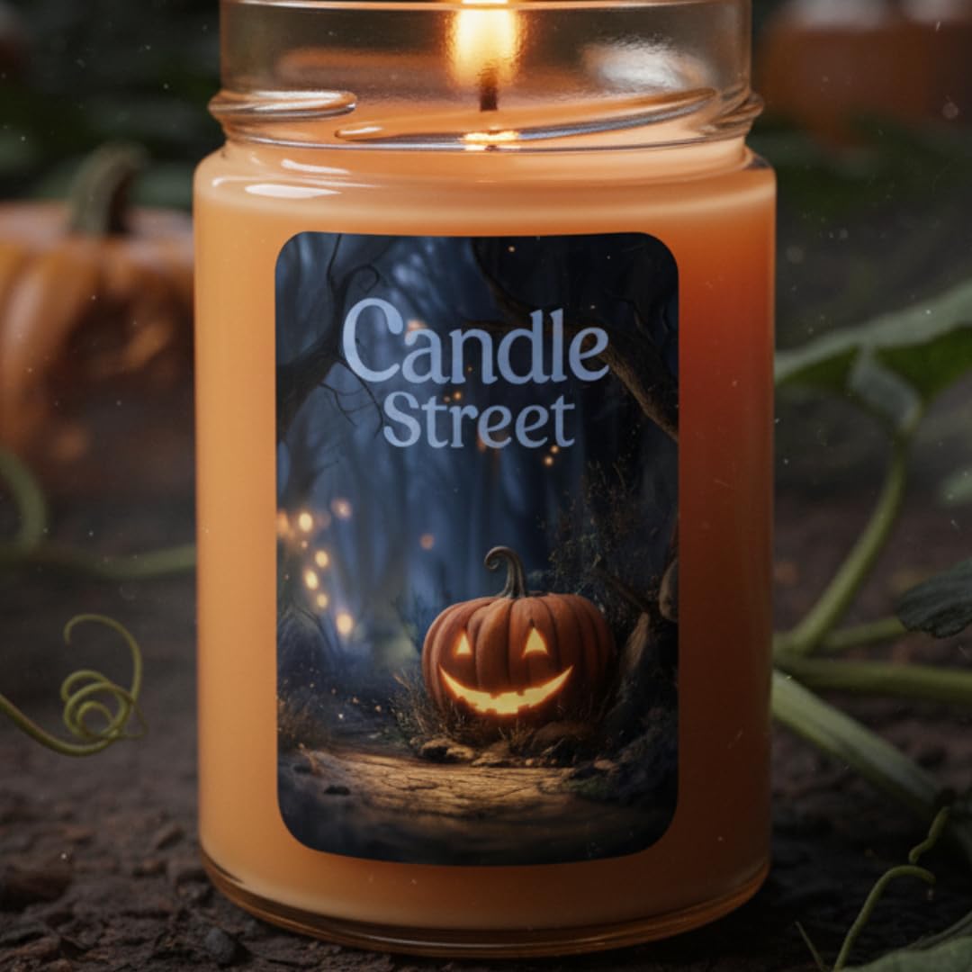 Candle Street Świeca zapachowa Halloween Dynia Miód Cynamon 500 g | Candle Street Jack-o-Lantern | Dekoracja jesienna, prezent sezonowy | Horror Stories | Ciepły i pikantny zapach
