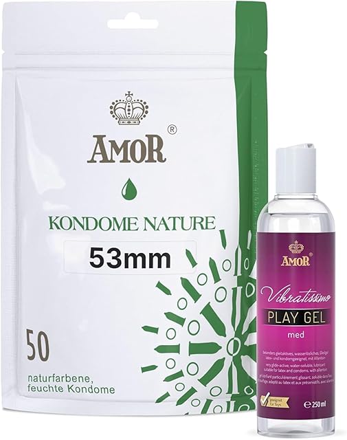 Vibratissimo Play Gel med 250 ml i prezerwatywy AMOR Nature 50 szt I Lubrykant na bazie wody i prezerwatywy 53mm I Żel intymny do zabawek i prezerwatyw lateksowych I Cieniutkie kondomy