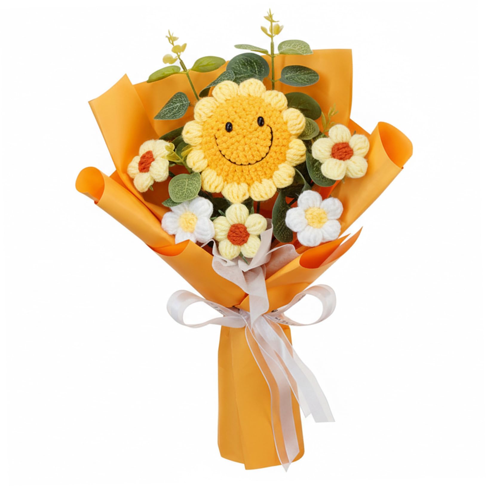 Ginwrek Crochet Flowers Crochet Flower, Knitted Flower Bouquet with Smile Face for Home Decor, Long Lasting Yellow Flowers for Mother's Day Valentine's Birthday