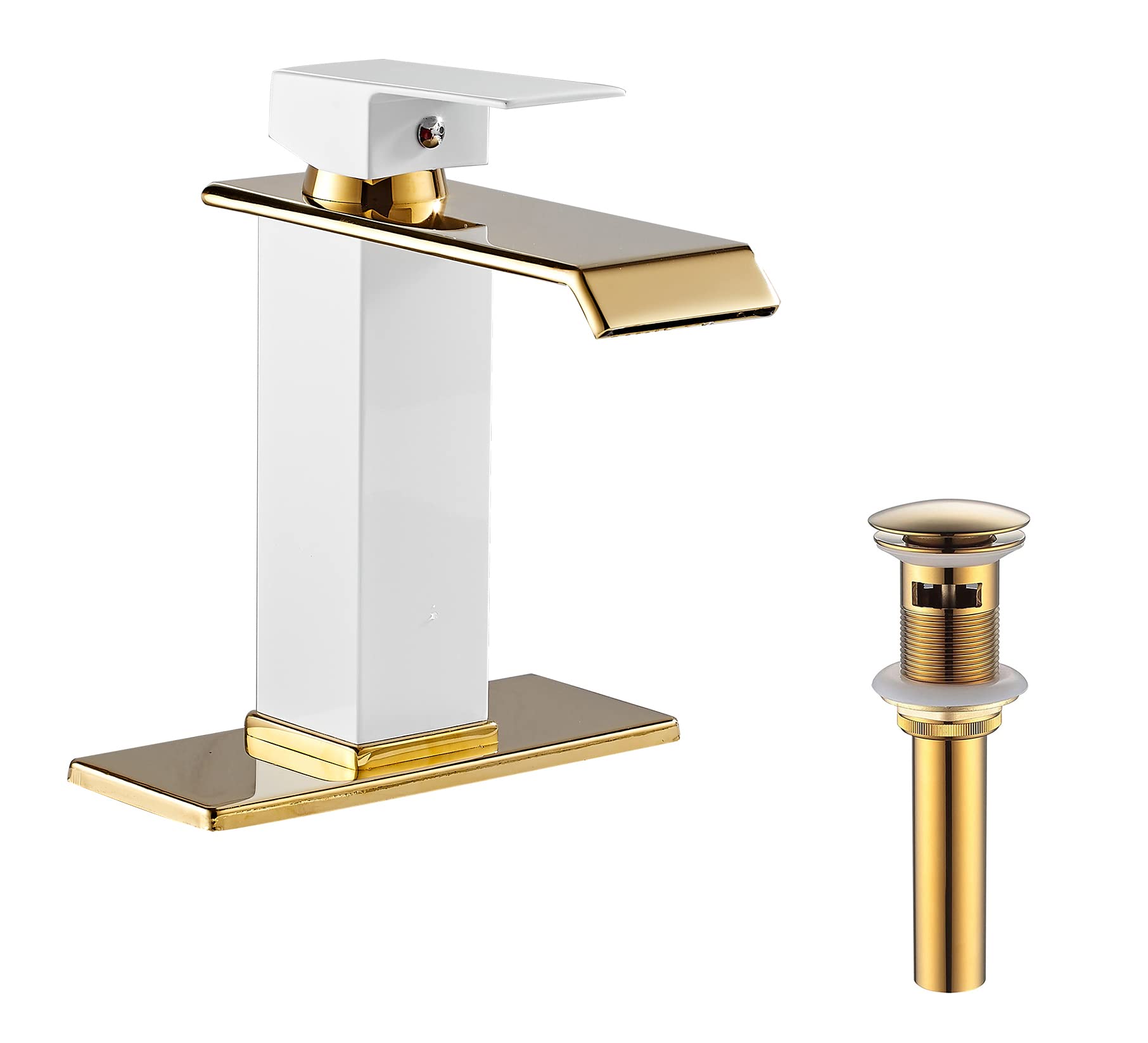 Bathroom Faucet White Gold Waterfall Vanity Sink Faucet Single Handle Hole Lavatory Bath Faucet Basin Tap Water Supply Hose with Overflow Pop Up Drain Assembly