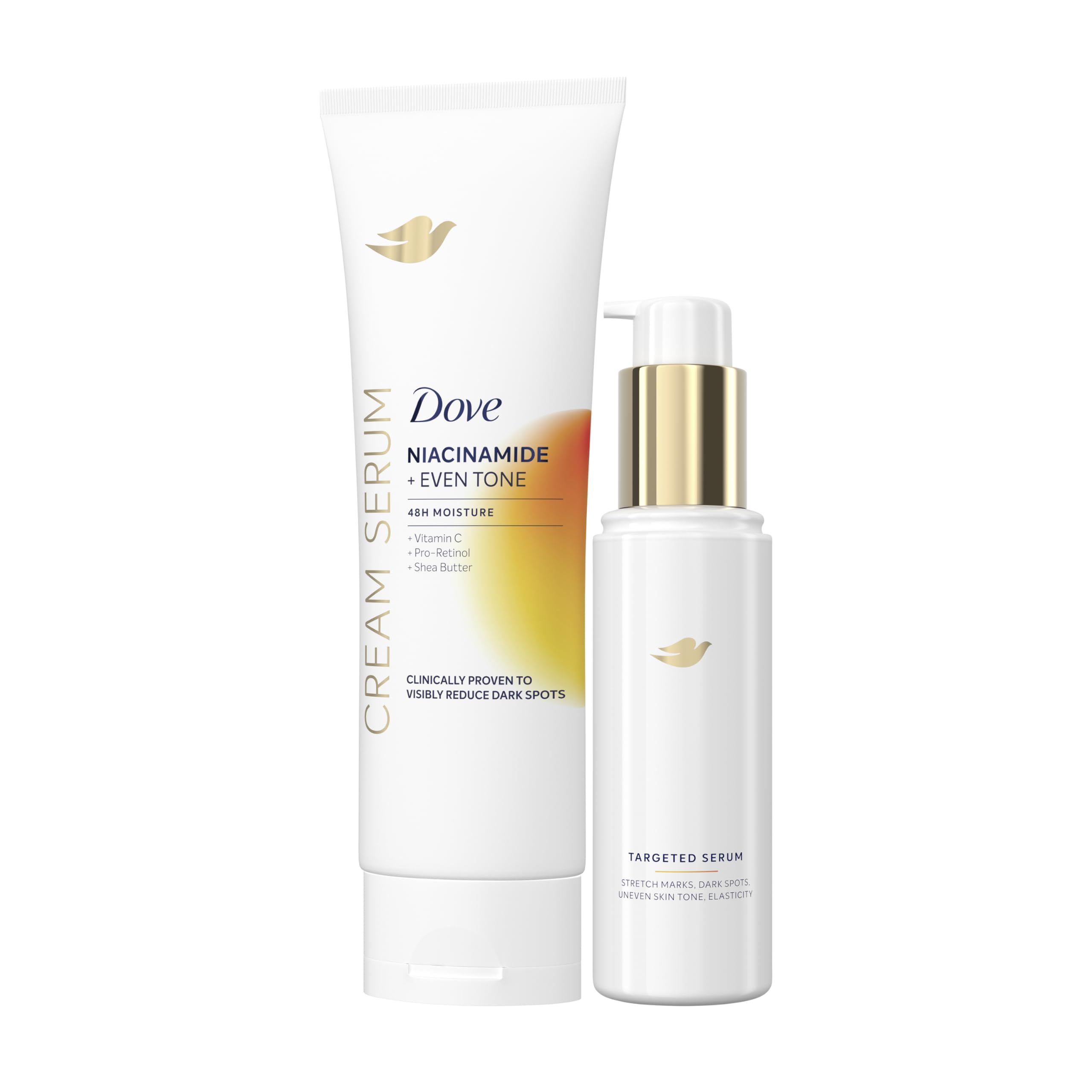 Dove Body Cream Serum with Niacinamide, Vitamin C, Pro-Retinol and Shea Butter 8oz Targeted Serum with Tone Balance Complex, Niacinamide, Collagen Peptides 3.2 oz