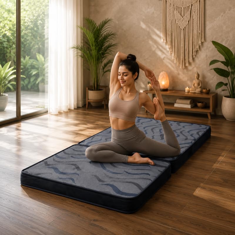 Image of Softline Tri Fold Mattress | 5 Inch HR Foam Foldable Floor Mattress | Medium Firm Back Support | Portable Guest Bed & Travel Mattress | Lightweight & Compact | Queen Size,|72x60x5